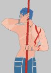  1boy arms_behind_back back biceps blue_hair bodypaint bracelet cu_chulainn_(fate)_(all) fate/grand_order fate/stay_night fate_(series) from_behind gae_bolg grey_background holding holding_polearm holding_weapon jewelry lancer looking_back male_focus muscular polearm polearm_behind_back red_eyes ruuto_(ruto3) shirtless short_hair simple_background solo tan tanline type-moon weapon 