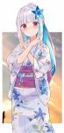  1girl bangs blue_hair blunt_bangs blurry blurry_background blush cloud cloudy_sky colored_inner_hair commentary cowboy_shot crossed_arms double_v eyebrows_visible_through_hair floral_print flower grin hair_flower hair_ornament highres japanese_clothes kimono lize_helesta long_hair looking_at_viewer multicolored_hair nijisanji obi orange_sky outdoors ponytail red_eyes sash silver_hair sky smile solo straight_hair streaked_hair two-tone_hair v virtual_youtuber virus_(obsession) white_kimono 