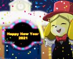  2020 absurd_res animal_crossing anthro bow_tie canid canine canis celebration clothing confetti domestic_dog eyes_closed female formal_clothing formal_dress formal_wear glowstick happy hat headgear headwear hi_res holidays isabelle_(animal_crossing) mammal new_year nintendo party party_hat shih_tzu smile solo top_hat toy_dog video_games winick-lim 