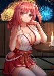  1girl aerial_fireworks azur_lane bare_arms bare_shoulders breasts candle cleavage closed_mouth collarbone commentary dead_or_alive dead_or_alive_5 english_commentary fire fireworks hair_ribbon hakama hakama_skirt hands_up highres hip_vent honoka_(doa) japanese_clothes kazenokaze large_breasts long_hair looking_at_viewer night night_sky one_side_up red_eyes red_hair red_hakama red_ribbon ribbon sky smile solo table thighhighs white_legwear 