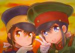  2girls black_hair blue_eyes bow brown_eyes brown_hair cloud epaulettes gloves hair_bow hand_up hat imperial_japanese_army looking_at_viewer m_tap military military_uniform multiple_girls open_mouth original peaked_cap ponytail sidelocks sky smile soldier sunset uniform upper_body world_war_ii 