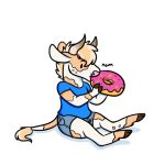  1:1 2018 anthony_(goldiescales) anthro biped blue_clothing blue_shirt blue_topwear bottomwear bovid bovine cattle clothed clothing dessert doughnut eating food frosting fully_clothed goldiescales horn low_res male mammal shirt shorts simple_background sitting solo sprinkles topwear trans_(lore) trans_man_(lore) white_background 