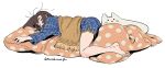  1girl bare_legs barefoot blanket blue_shirt blue_shorts brown_hair closed_eyes covered_mouth long_sleeves original shirt shorts signature sleeping solo umishima_senbon white_background 