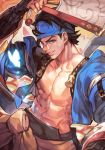  1boy arm_guards brown_hair collarbone dual_wielding fan glasses guilty_gear guilty_gear_strive headband holding hungry_clicker jacket japanese_clothes looking_at_viewer mito_anji muscular muscular_male short_hair smile solo traditional_media weapon 