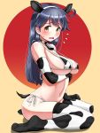  1girl absurdres alternate_costume animal_costume animal_ears animal_print arm_under_breasts bare_shoulders bikini black_hair blush breasts brown_eyes chinese_zodiac collar commentary_request cow_ears cow_print elbow_gloves fake_animal_ears fake_tail flying_sweatdrops gloves highres kantai_collection large_breasts long_hair looking_at_viewer micro_bikini navel new_year open_mouth side-tie_bikini sitting skindentation soles solo swimsuit tail thighhighs tsusshi ushio_(kantai_collection) 