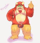  2020 3_toes 5_fingers absurd_res anthro belly body_hair bowser broken_horn chest_hair claws clothing eeveecholo eyebrows facial_piercing fingers gesture hair hi_res hoodie horn humanoid_hands koopa looking_at_viewer male mario_bros middle_finger moobs nintendo nose_piercing nose_ring open_maw open_mouth overweight overweight_anthro overweight_male piercing red_eyes red_hair reptile scalie simple_background solo thick_eyebrows toes topwear underwear video_games 