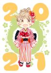  1girl 2021 :d bangs blush_stickers bow brown_eyes brown_hair commentary_request eyebrows_visible_through_hair flower full_body hair_bow hair_flower hair_ornament hinata_yuu holding japanese_clothes kimono long_sleeves looking_at_viewer new_year obi okobo open_mouth original sash smile socks solo standing striped striped_kimono tied_hair white_background white_legwear wide_sleeves 