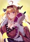  1girl absurdres adjusting_eyewear ahoge anal_tail asacoco bare_shoulders blonde_hair blush bow breasts butt_plug cleavage collarbone dragon_girl dragon_horns dragon_tail eyebrows_visible_through_hair fake_tail fang ginkgo glasses hair_ribbon highlights highres holding hololive horn_bow horns japanese_clothes kimono kiryuu_coco large_breasts leaf leaves_in_wind long_hair long_sleeves looking_at_viewer multicolored_hair off-shoulder_kimono orange_hair pointy_ears purple_eyes ribbon round_eyewear scales sex_toy skin_fang smile solo sora_shitatoge streaked_hair striped striped_bow tail upper_body virtual_youtuber yellow_leaves 