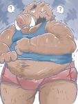  2020 3:4 ? anthro belly bodily_fluids brown_body brown_fur clothing dain_4201 fur hi_res kemono male mammal navel overweight overweight_anthro overweight_male shirt solo suid suina sus_(pig) sweat topwear underwear wild_boar 