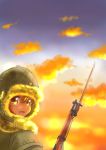  1girl arisaka bayonet bolt_action brown_eyes brown_hair cloud from_behind fur-trimmed_headwear fur-trimmed_jacket fur_trim gun hat imperial_japanese_army jacket looking_at_viewer looking_back m_tap military military_uniform open_mouth original rifle sky smile soldier sunset uniform upper_body weapon winter_clothes winter_uniform world_war_ii 