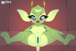  2020 3_toes 4_fingers alien antennae_(anatomy) anthro anthrofied blue_eyes blue_pupils bonnie_(lilo_and_stitch) breasts cute_fangs disney experiment_(lilo_and_stitch) eyelashes facial_markings female fibs fingers flat_colors forehead_markings fur furniture genitals green_body green_fur head_markings hi_res humanoid_hands lilo_and_stitch looking_at_viewer markings multicolored_antennae navel nipples no_sclera nude pupils pussy red_nose small_breasts sofa solo spread_legs spreading teal_nipples teal_pussy teeth text toes 