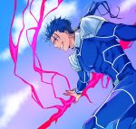  1boy abs armor beads blue_hair bodysuit cloud cu_chulainn_(fate)_(all) dark_persona earrings fang fate/stay_night fate_(series) floating_hair from_side grin hair_beads hair_ornament jewelry lancer long_hair male_focus muscular nozawa pauldrons pectorals ponytail red_eyes shoulder_armor skin_tight sky smile solo spiked_hair type-moon 