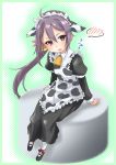  1girl ahoge akebono_(kantai_collection) alternate_costume animal_ears apron bell black_dress commentary_request cow_ears cowbell cowboy_shot dress enmaided fake_animal_ears flower frilled_apron frills full_body fyuo hair_bell hair_flower hair_ornament highres jingle_bell kantai_collection long_hair looking_at_viewer maid purple_eyes purple_hair side_ponytail sitting solo spoken_blush very_long_hair white_apron 