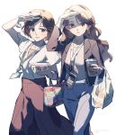  2girls arm_up bag bangs bracelet brown_hair brown_jacket brown_skirt cellphone collarbone commentary_request cup disposable_cup earrings eyebrows_visible_through_hair eyelashes fingernails handbag highres holding jacket jewelry lanyard looking_at_viewer multiple_girls open_mouth original pants phone short_hair short_sleeves simple_background skirt smile tennohi timestamp 