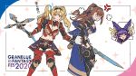  3girls animal_ears armor beatrix_(granblue_fantasy) breasts cleavage granblue_fantasy hair_intakes ll_0109 multiple_girls polearm ponytail sweatdrop sword weapon yuel_(granblue_fantasy) zeta_(granblue_fantasy) 