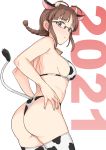  1girl 2021 :o akizuki_ritsuko animal_ears animal_print antenna_hair ass bangs bare_arms bare_shoulders bell bell_collar bikini black-framed_eyewear blush braid breasts brown_eyes brown_hair collar commentary_request cow_ears cow_girl cow_horns cow_print cow_tail cowbell cowboy_shot eyebrows_visible_through_hair fingernails from_side glasses hands_on_hips highres horns idolmaster idolmaster_(classic) looking_at_viewer looking_to_the_side medium_breasts parted_lips print_bikini print_legwear rimless_eyewear short_hair shoulder_blades sideboob sidelocks simple_background single_braid solo standing swimsuit tail thighhighs tsurui white_background 