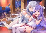  2girls absurdres aerial_fireworks ahoge azur_lane blue_eyes box breasts bun_cover china_dress chinese_clothes cleavage cleavage_cutout clothing_cutout double_bun dress fan fireworks folding_fan garter_straps gejigejier gift gift_box highres holding huge_filesize illustrious_(azur_lane) illustrious_(maiden_lily&#039;s_radiance)_(azur_lane) lantern large_breasts long_hair looking_at_viewer multiple_girls new_year paper_lantern pelvic_curtain purple_eyes purple_hair reflection shoes short_sleeves sitting skindentation small_breasts smile tassel thighhighs thighs unicorn_(azur_lane) unicorn_(spring&#039;s_present)_(azur_lane) very_long_hair water white_dress white_footwear white_hair white_legwear 