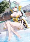  aqua_hair bae.c barefoot bikini dragon_girl dragon_horns fate/grand_order fate_(series) horns japanese_clothes kimono kiyohime_(fate/grand_order) kiyohime_(swimsuit_lancer)_(fate) multiple_horns poolside swimsuit yellow_bikini yellow_eyes 