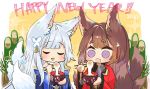  2021 2girls :3 :d amagi_(azur_lane) animal_ears azur_lane bamboo bangs bare_shoulders blunt_bangs bowl brown_hair chibi chopsticks closed_eyes commentary_request detached_sleeves eating eyebrows_visible_through_hair eyeshadow fox_ears fox_girl fox_tail hair_ornament happy_new_year holding holding_bowl holding_chopsticks japanese_clothes kadomatsu kyuubi long_hair makeup mochi multiple_girls multiple_tails new_year off-shoulder_kimono off_shoulder open_mouth osechi purple_eyes putimaxi shinano_(azur_lane) sidelocks silver_hair smile tail thick_eyebrows wide_sleeves 