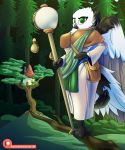  avian big_breasts bird branch breasts clothing d_and_d detailed_background drum dungeons_and_dragons emerald_(disambiguation) fantasy feathers female forest green_eyes green_robes gripping_branch hasbro healer hi_res korean_crow_tit magic magic_user medicine musical_instrument outside perched percussion_instrument pink_robes plant raunchyhaunches robe satchel small_beak staff standing tree tree_house white_body white_feathers white_plumage wings wings_on_back wizards_of_the_coast 