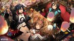  3girls amiya_(arknights) angelina_(arknights) animal_ears arknights black_hair brown_hair bunny_ears chinese_commentary closure_(arknights) coffee coffee_cup commentary_request cup disposable_cup drinking_glass fangs fox_ears fox_girl highres jewelry juice lantern milkshake multiple_girls official_art one_eye_closed paper_lantern rabbit_girl rhodes_island_logo ring thumb_ring vampire 