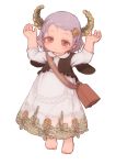  1girl 2021 bag barefoot bell child closed_mouth commentary_request dress ear_tag feral_lemma full_body hands_up highres horns looking_at_viewer original purple_hair red_eyes short_hair simple_background smile solo toes white_background white_dress 