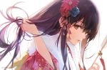  1girl 888myrrh888 akagi_(kantai_collection) arrow_(projectile) bell brown_eyes brown_hair floral_print from_side hair_between_eyes hamaya japanese_clothes kantai_collection kimono lips long_hair print_kimono red_kimono simple_background solo twitter_username upper_body white_background 