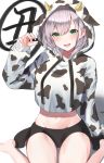  1girl :d absurdres alternate_costume animal_costume animal_print appo_(36786257) arm_support bangs barefoot black_skirt blush breasts cow_costume cow_hood cow_print eyebrows_visible_through_hair feet_out_of_frame green_eyes groin hair_between_eyes hand_up highres hololive hood hood_up horns large_breasts looking_at_viewer midriff miniskirt navel open_mouth shirogane_noel short_hair silver_hair simple_background sitting skirt sleeves_past_fingers sleeves_past_wrists smile solo virtual_youtuber wariza white_background 