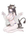 1girl animal_ears azur_lane bare_shoulders barefoot bikini black_hair breasts choker cleavage closed_mouth collarbone cow_ears cow_girl cow_horns cow_tail criss-cross_halter echj full_body halterneck hands_up highres horns jacket kashino_(after-bath_pleasure)_(azur_lane) kashino_(azur_lane) large_breasts long_hair long_sleeves looking_at_viewer multi-strapped_bikini navel off_shoulder open_clothes open_jacket purple_eyes simple_background sitting solo stomach string_bikini swimsuit tail thighs very_long_hair white_background white_bikini white_choker white_jacket 
