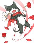  animal_focus black_cat cat claws commentary_request flower full_body haty jumping no_humans open_mouth petals ragnarok_online red_flower red_scarf rose scarf simple_background white_background wildrose 