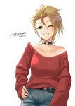  1girl ;d bare_shoulders belt belt_buckle black_choker blonde_hair blush buckle choker collarbone commentary_request cowboy_shot dated denim ear_piercing green_eyes grin hand_on_hip highres idolmaster idolmaster_cinderella_girls jeans kimura_natsuki long_sleeves looking_at_viewer o-ring o-ring_choker off-shoulder_sweater off_shoulder one_eye_closed open_mouth pants piercing red_sweater short_hair simple_background sin_moriyama smile solo sweater teeth translation_request white_background 