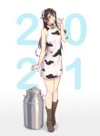  1girl 2021 animal_ears animal_print bell black_hair boots brown_footwear cow_ears cow_girl cow_horns cow_print cowbell cup drinking_glass glasses gradient gradient_background green_eyes hair_between_eyes highres holding holding_cup horns kantai_collection long_hair milk ooyodo_(kantai_collection) open_mouth solo white_background yuuji_(and) 