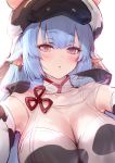  1girl animal_ears animal_print bangs bare_shoulders bikini blue_hair blush breasts cleavage cow_ears cow_girl cow_hat cow_horns cow_print detached_collar detached_sleeves draph ear_piercing granblue_fantasy haoni highres horns large_breasts long_hair looking_at_viewer open_mouth piercing pointy_ears purple_eyes shatola_(granblue_fantasy) sheer_clothes swimsuit thighs white_bikini wide_sleeves 