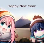  2girls :d bangs beanie blue_eyes blue_hair blue_sky blush closed_mouth commentary_request day eyebrows_visible_through_hair grey_scarf hair_between_eyes happy_new_year hat highres kagamihara_nadeshiko kuena looking_at_viewer mount_fuji multiple_girls new_year open_mouth outdoors pink_hair purple_eyes scarf shima_rin sky smile sunrise white_headwear yurucamp 