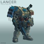  artist_name character_name clenched_hand english_commentary glowing glowing_eye gradient gradient_background gun highres holding holding_gun holding_weapon lancer_rpg mecha no_humans official_art one-eyed peyton_gee pink_eyes science_fiction shoulder_cannon solo standing tortuga_(lancer_rpg) weapon 