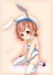  1girl adapted_costume animal_ears ascot brown_eyes brown_hair bunny_ears commentary_request detached_collar fake_animal_ears full_body fyuo hair_rings hat highres kaiboukan_no._4_(kantai_collection) kantai_collection leotard long_hair looking_at_viewer low_twintails playboy_bunny sailor_hat shoes sitting solo strapless strapless_leotard thighhighs twintails uwabaki wariza white_headwear white_legwear white_leotard wrist_cuffs yellow_neckwear 