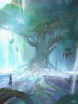  1girl assassin_(ragnarok_online) cape commentary_request crown darkhikari floating_island from_behind full_body looking_afar purple_cape purple_shirt ragnarok_online roots scenery shirt short_hair short_ponytail standing torn_cape torn_clothes tree waist_cape water waterfall yggdrasil 