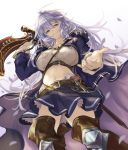  1girl ahoge bangs belt blue_skirt braid breasts brown_belt brown_footwear cleavage closed_mouth commentary_request crop_top from_below granblue_fantasy gun hair_between_eyes highres large_breasts long_hair midriff navel nos outstretched_hand rifle silva_(granblue_fantasy) silver_hair skirt sniper_rifle thighs twin_braids wavy_hair weapon white_background yellow_eyes 