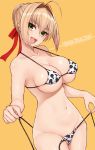  1girl ahoge animal_print bangs bare_shoulders bikini blonde_hair blush braid breasts cleavage cocq_taichou collarbone cow_print fate/extra fate_(series) french_braid green_eyes hair_between_eyes hair_bun hair_intakes hair_ribbon happy_new_year large_breasts long_hair looking_at_viewer navel nero_claudius_(fate) nero_claudius_(fate)_(all) new_year open_mouth red_ribbon ribbon smile swimsuit thighs untied untied_bikini yellow_background 