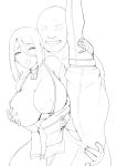  1boy 1girl artist_request breasts clenched_teeth covered_nipples eyebrows_visible_through_hair groping highres kunoichi_kaen large_breasts last_origin leg_up lineart netorare nipples one_eye_closed open_mouth short_hair smile sweat teeth ugly_man 