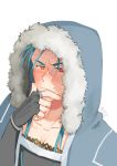  1boy absurdres angry blue_hair blush bracelet chin_stroking closed_mouth collarbone cu_chulainn_(fate)_(all) cu_chulainn_(fate/grand_order) fate/grand_order fate_(series) fur-trimmed_hood fur_trim highres hood hood_up ima_yonderu jewelry long_hair male_focus red_eyes simple_background solo sweat type-moon white_background 