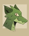  4:5 admiralbarley ambiguous_gender anthro bust_portrait dragon facing_aside fluffy_ears fur green_body green_fur happy hi_res multicolored_body portrait red_eyes scales simple_background smile solo two_tone_body 