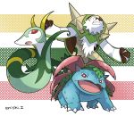  chesnaught commentary_request creature enishi_(menkura-rin10) gen_1_pokemon gen_5_pokemon gen_6_pokemon highres looking_at_viewer no_humans pokemon pokemon_(creature) serperior signature striped striped_background venusaur 
