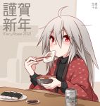  1girl 2021 ahoge alcohol asahi_breweries beer beer_can bowl brand_name_imitation can chopsticks eating elena_trafalgar eyebrows_visible_through_hair eyes_visible_through_hair highres holding ikune_juugo kotatsu long_hair mochi new_year original red_eyes silver_hair solo table turtleneck zouni_soup 