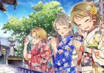  3girls :q aiming apartment bangs blue_eyes blue_kimono blue_sky brown_hair character_doll commentary_request faceless floral_print flower hair_flower hair_ornament hands_together highres japanese_clothes katou_akatsuki kimono koizumi_hanayo kousaka_honoka long_hair long_sleeves love_live! minami_kotori multiple_girls new_year obi obiage obijime one_side_up open_mouth orange_hair outdoors praying profile red_kimono sash shiny shiny_hair short_hair shrine side_bun sky sleeves_rolled_up tongue tongue_out tree white_kimono wide_sleeves yazawa_nico 