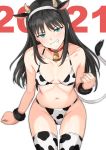  1girl 2021 :d angry animal_ears animal_print bangs bell bell_choker bikini black_hair blush breasts chinese_zodiac choker clenched_hand clenched_teeth collarbone commentary cow_ears cow_horns cow_print cow_tail cowboy_shot eyebrows_visible_through_hair green_eyes hairband head_tilt highleg highleg_bikini highres horns invisible_chair long_hair looking_at_viewer navel new_year number open_mouth sidelocks simple_background sitting small_breasts smile solo sweatdrop swimsuit tail teeth thighhighs tohno_akiha trembling tsukihime tsurui white_background white_hairband wristband year_of_the_ox 
