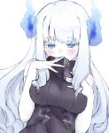  1girl bangs blue_eyes blunt_bangs blush breasts elbow_gloves energy_horns eyebrows_visible_through_hair gloves hand_on_own_chest highres indie_virtual_youtuber large_breasts leaning_to_the_side lobsteranian long_hair silver_hair solo virtual_youtuber white_background white_gloves yukimaru_kyuu 