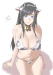  1girl animal_ears animal_print arm_support bangs bell bell_choker bikini black_hair blue_eyes breasts burn_the_witch choker cleavage closed_mouth cow_ears cow_print halterneck highres horns large_breasts long_hair mitsugu navel niihashi_noel side-tie_bikini sidelocks single_horn sitting swept_bangs swimsuit thighs white_background 