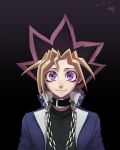  1boy bangs banned_artist black_background black_collar black_shirt blonde_hair blue_jacket chain chain_necklace collar commentary_request dated gradient gradient_background grey_background highres jacket looking_at_viewer male_focus multicolored_hair mutou_yuugi purple_eyes shirt signature smile solo spiked_hair upper_body yu-gi-oh! yurang 