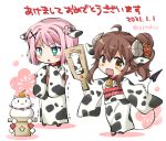  2021 2girls ahoge animal_ears animal_print bell blush brown_hair cat chinese_zodiac chiyoda_momo cow_ears cow_print curled_horns demon_girl demon_horns demon_tail eyebrows_visible_through_hair hair_ornament hairclip happy_new_year horns japanese_clothes kimono lilith_(machikado_mazoku) long_hair machikado_mazoku multiple_girls new_year offering open_mouth pink_hair shiny shiny_hair short_hair statue tail takano_ui translation_request year_of_the_ox yoshida_yuuko_(machikado_mazoku) 